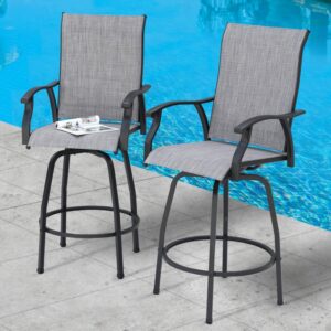 2-Piece Gray Outdoor Swivel Bar Stool Set – High Back Patio Chairs with Armrests