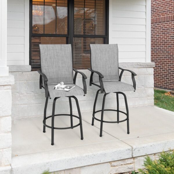 2-Piece Gray Outdoor Swivel Bar Stool Set – High Back Patio Chairs with Armrests - Image 2