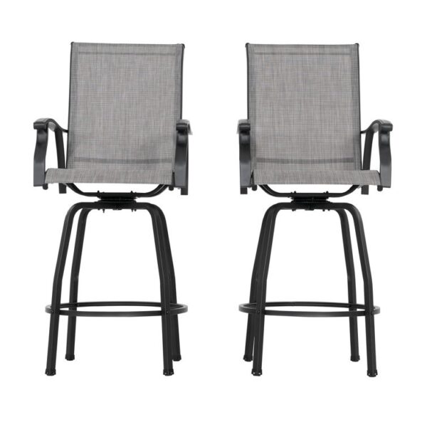 2-Piece Gray Outdoor Swivel Bar Stool Set – High Back Patio Chairs with Armrests - Image 4