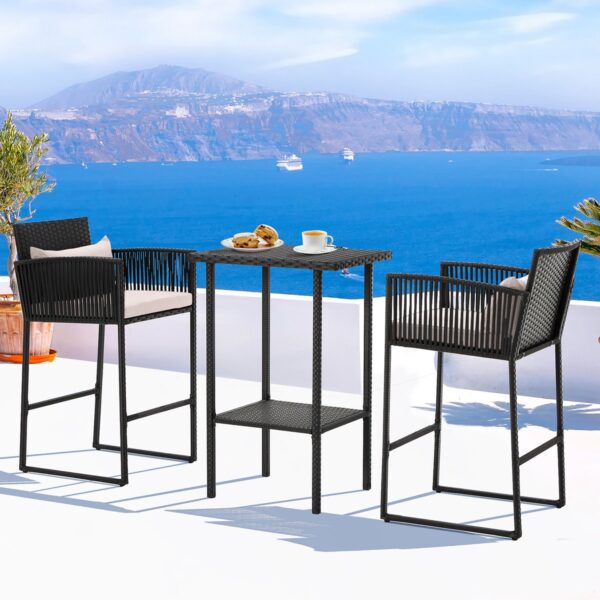 3 Piece Black Rattan Outdoor Bar Set with Cushions and Black High Table - Image 3