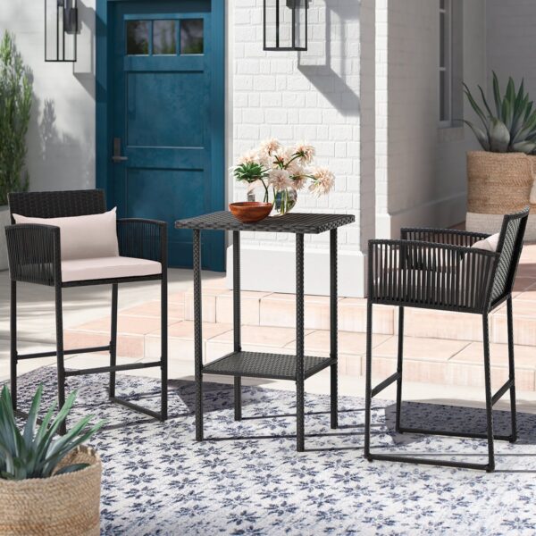 3 Piece Black Rattan Outdoor Bar Set with Cushions and Black High Table
