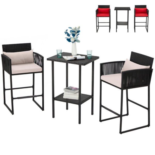 3 Piece Black Rattan Outdoor Bar Set with Cushions and Black High Table - Image 4